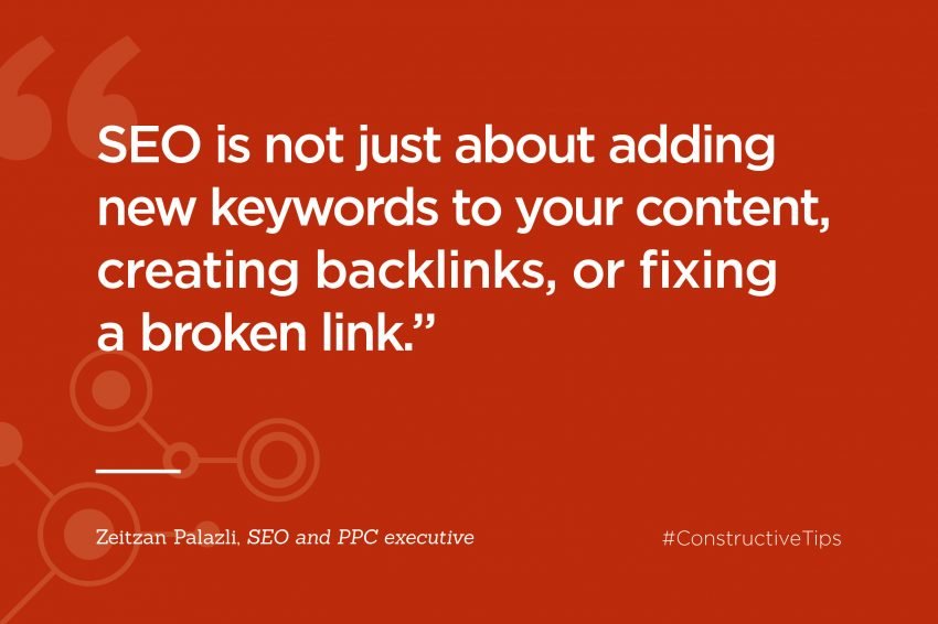 The graphic shows a quote taken from the blog, "SEO is not just about adding new keywords to your content, creating backlinks, or fixing a broken link."