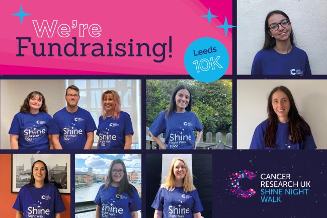 A graphic showing the members of the Harris team participating in the Night Walk. Including: Zeitzan, Lucy, Neil, Emily, Karla, Amy, Caroline, Liz, and Kirsty.