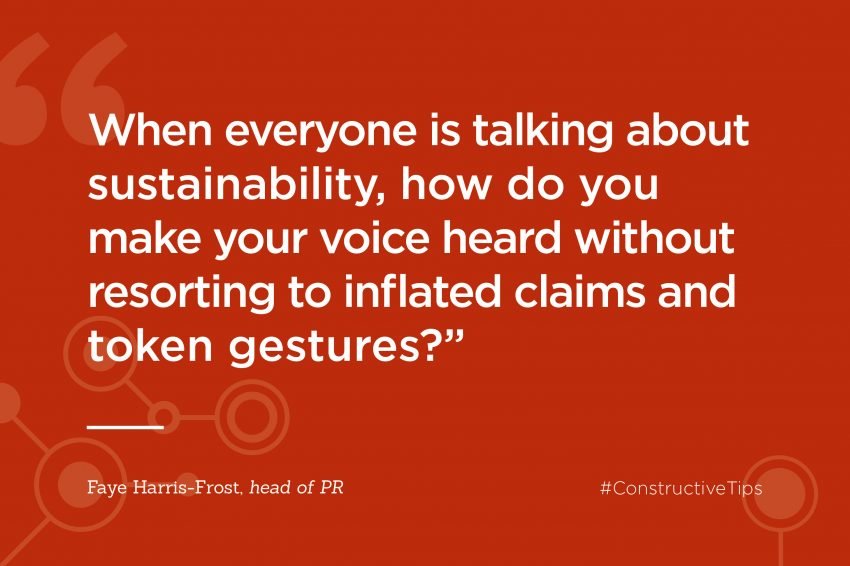 This graphic is a quote from the author, Faye. It reads: "When everyone is talking about sustainability, do you you make your voice heard without resorting to inflated claims and token gestures?"