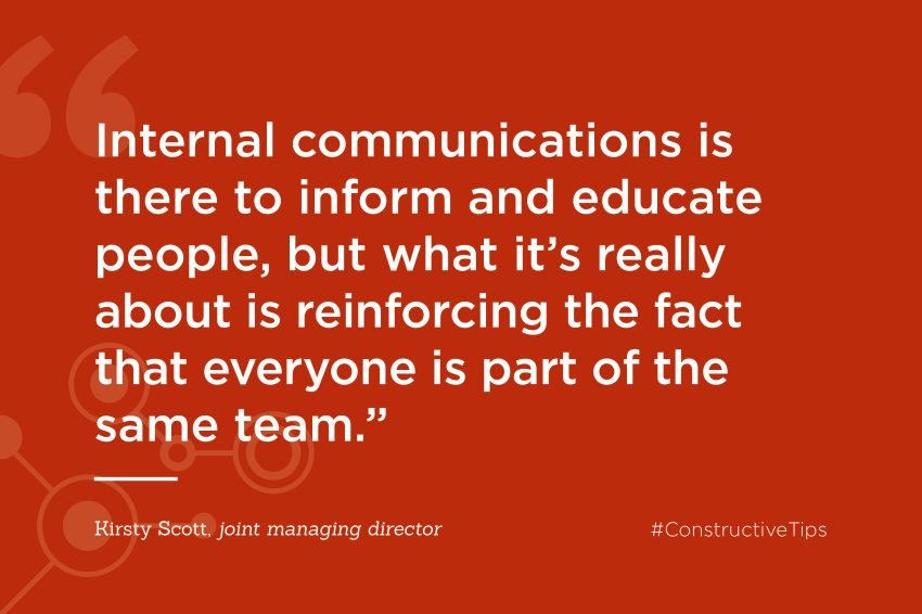 The graphic is a quote from the blog, it reads: "Internal communications is there to inform and educate people, but what it's really about is reinforcing the fact that everyone is part of the same team."