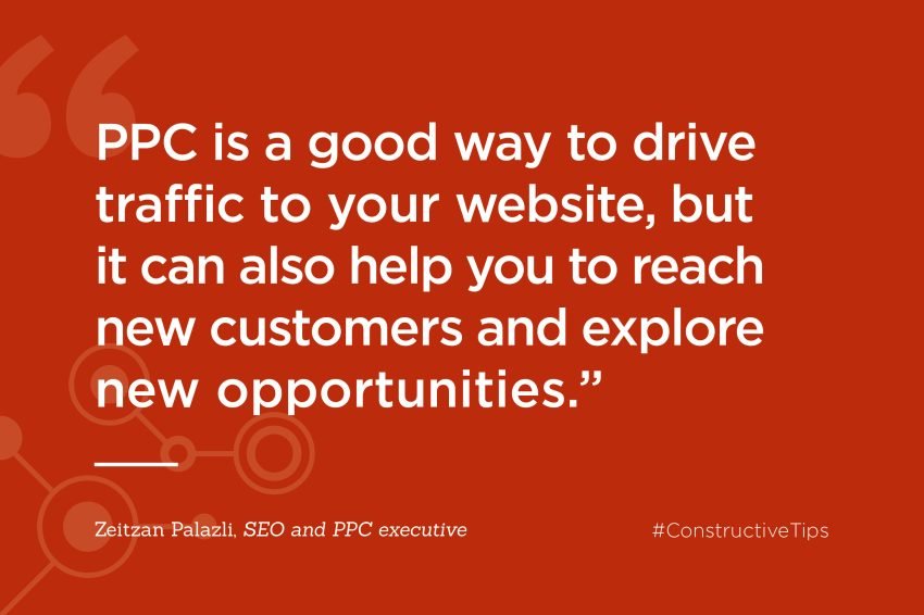 The graphic shows a quote from the blog. It reads: "PPC is a good way to drive traffic to your website, but it can also help you to reach new customers and explore new opportunities".