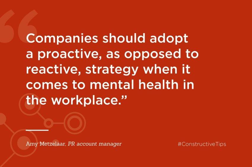 The graphic shows a quote from the blog. It reads: "Companies should adopt a proactive, as opposed to reactive, strategy when it comes to mental health in the workplace".