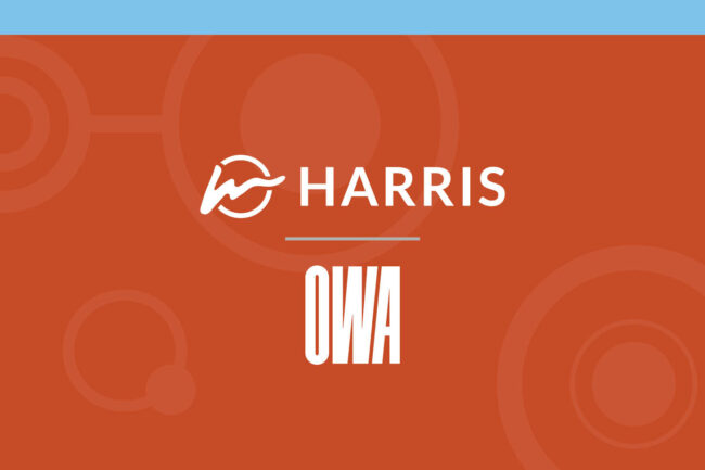 the image shows the logos of Harris Creative and OWA to announce their collaboration.